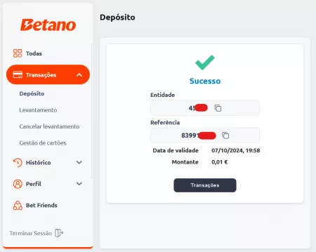 Página de depósito na Betano